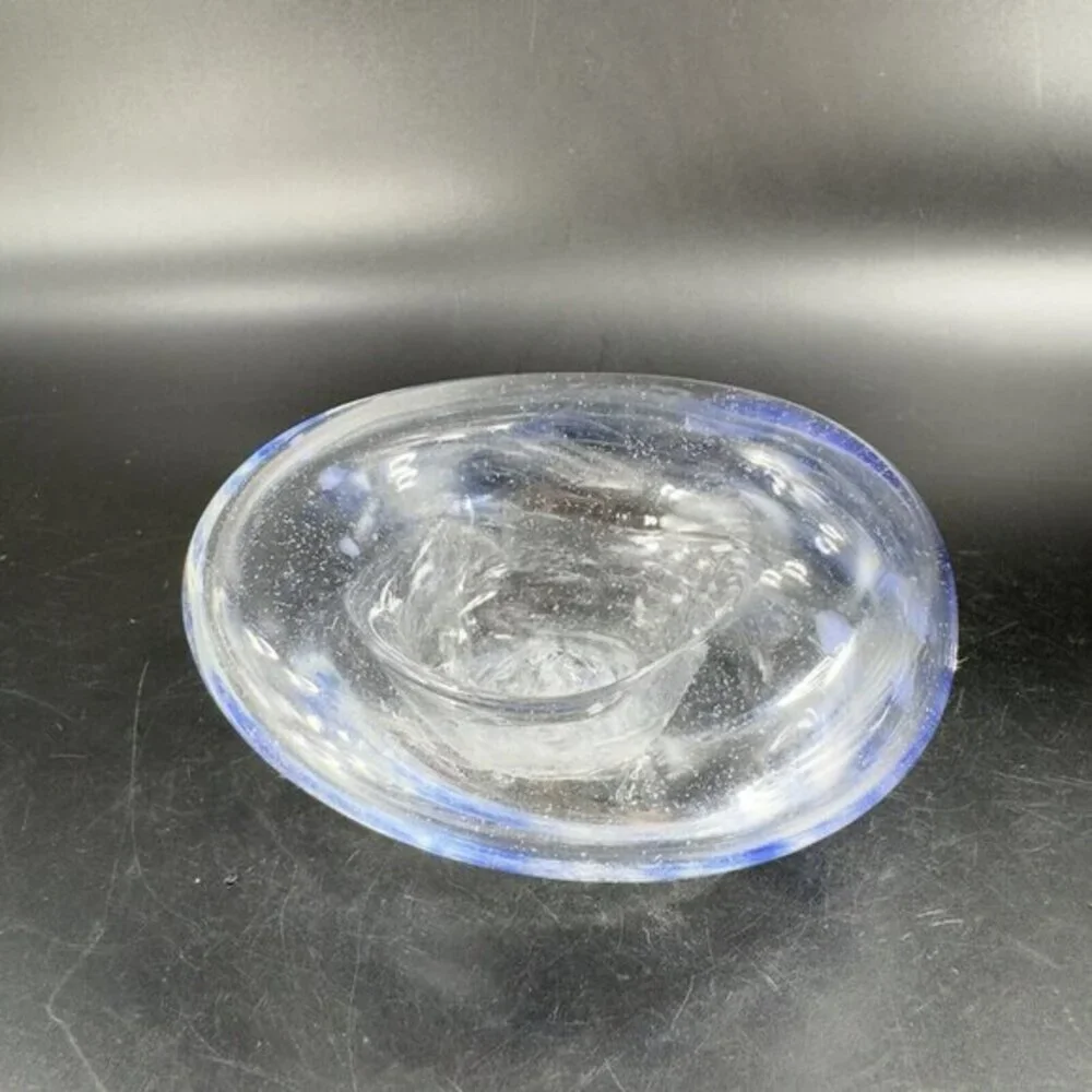 Vintage Hand Blown Art Glass Dish Bowl Clear With Blue Spots Hand Made Glass VTG
